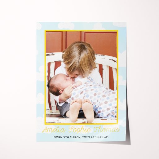 Experience the joy of parenthood with our 'In the Clouds' High-Resolution Silver Halide Poster. A unique and heartfelt way to cherish your precious memories.