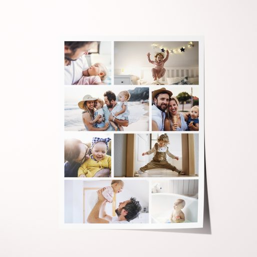 Playful Memories Silver Halide Poster - Capture vibrant memories with this portrait-oriented design featuring space for 8 photos. Crafted for enduring beauty and resistance to fading, this durable keepsake is available in three sizes, stylishly preserving your precious moments in exceptional detail.