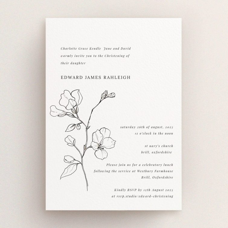 Elegant floral christening invitation design with one decorative illustration.