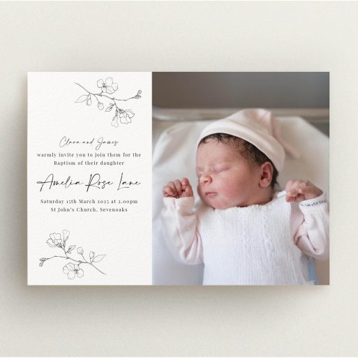 Elegant Baptism Invitation Christening invitation design with floral accents and one photo of a baby.