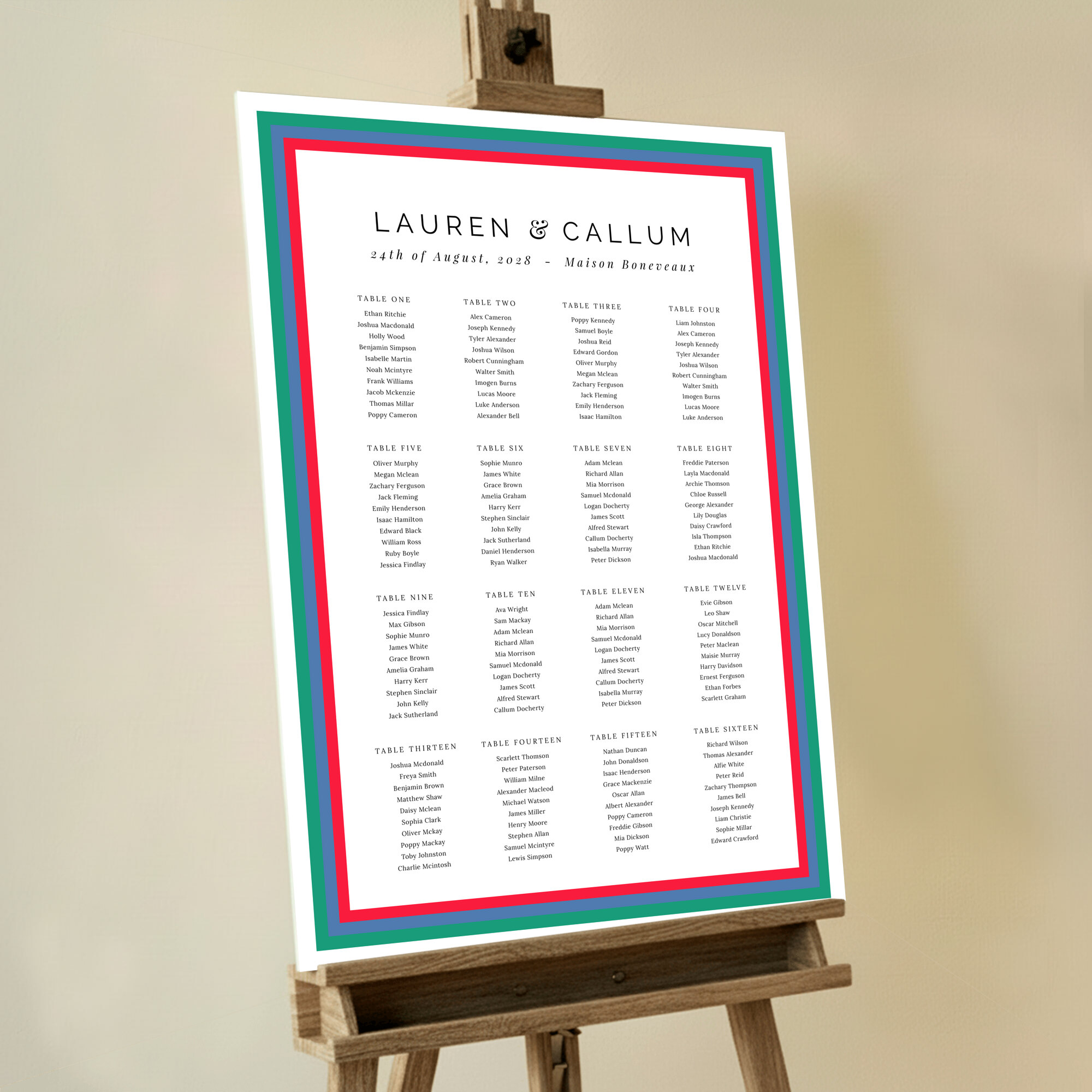 Vibrant and elegant seating plan design named 'Simple Diagonal' featuring a bold red, blue, and green diagonal border.. This design shows 16 tables.