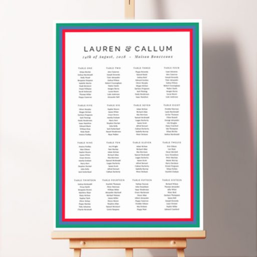 Vibrant and elegant seating plan design named "Simple Diagonal" featuring a bold red, blue, and green diagonal border.. This design shows 16 tables.
