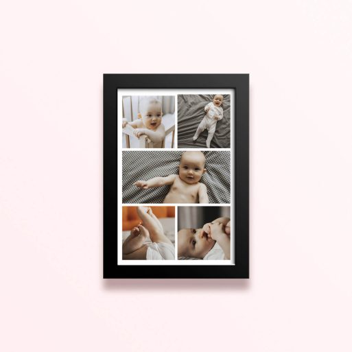 Simple framed prints designs featuring five photos of a baby.
