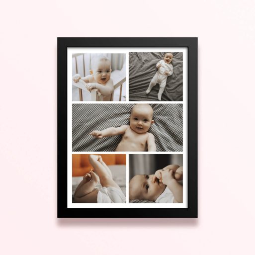 Simple framed prints designs featuring five photos of a baby.