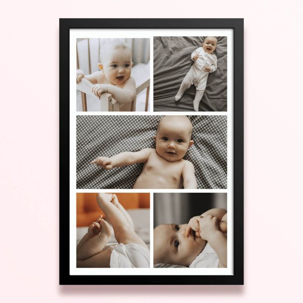 Simple framed prints designs featuring five photos of a baby.