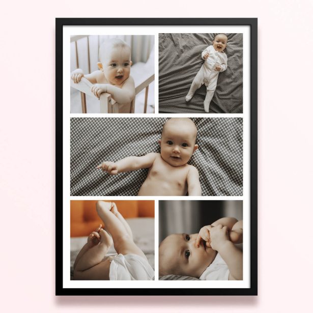 Simple framed prints designs featuring five photos of a baby.