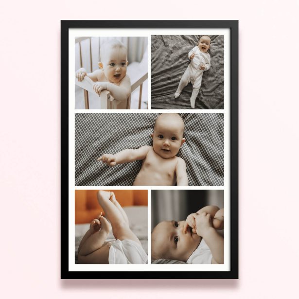 Simple framed prints designs featuring five photos of a baby.