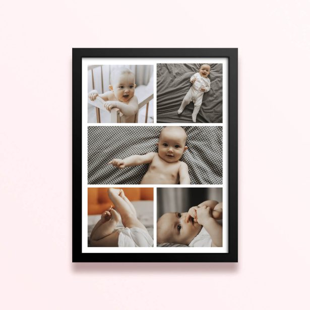 Simple framed prints designs featuring five photos of a baby.