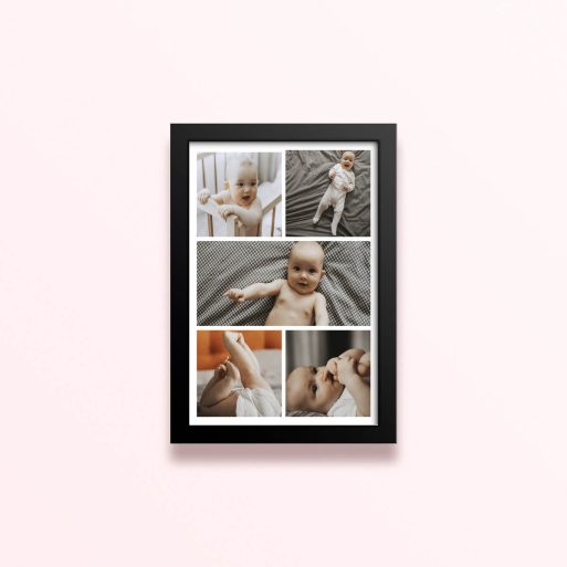 Simple framed prints designs featuring five photos of a baby.