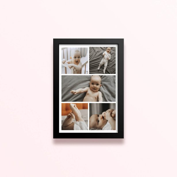 Simple framed prints designs featuring five photos of a baby.
