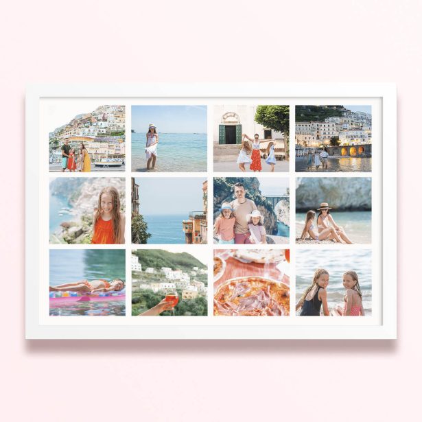 Simple framed prints designs with twelve photos arranged in a grid format