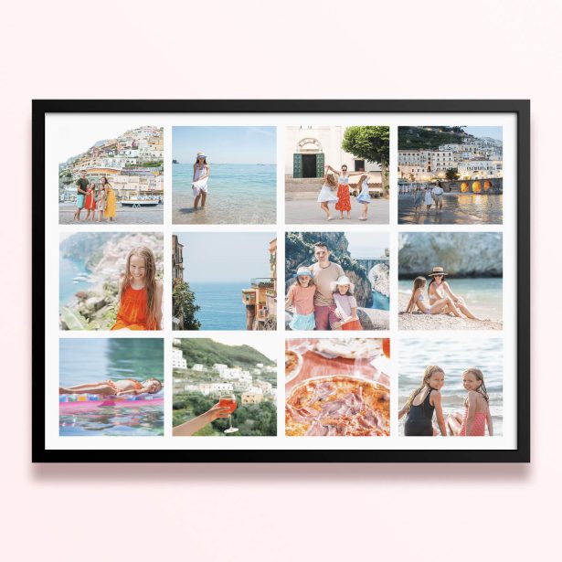 Simple framed prints designs with twelve photos arranged in a grid format