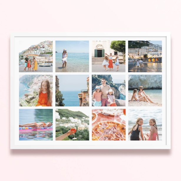 Simple framed prints designs with twelve photos arranged in a grid format