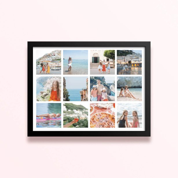 Simple framed prints designs with twelve photos arranged in a grid format