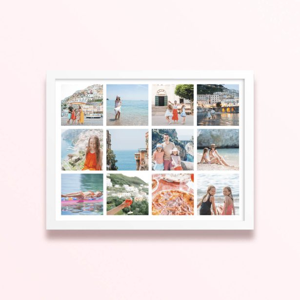 Simple framed prints designs with twelve photos arranged in a grid format