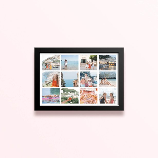Simple framed prints designs with twelve photos arranged in a grid format