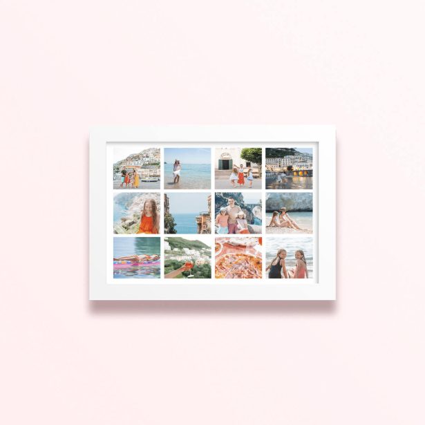 Simple framed prints designs with twelve photos arranged in a grid format
