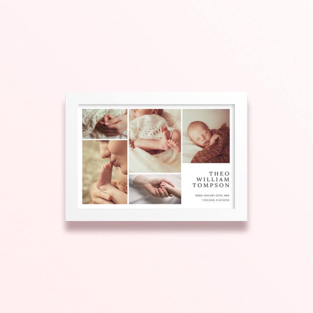 Simple framed prints design featuring five photos and personalised details for a baby announcement.