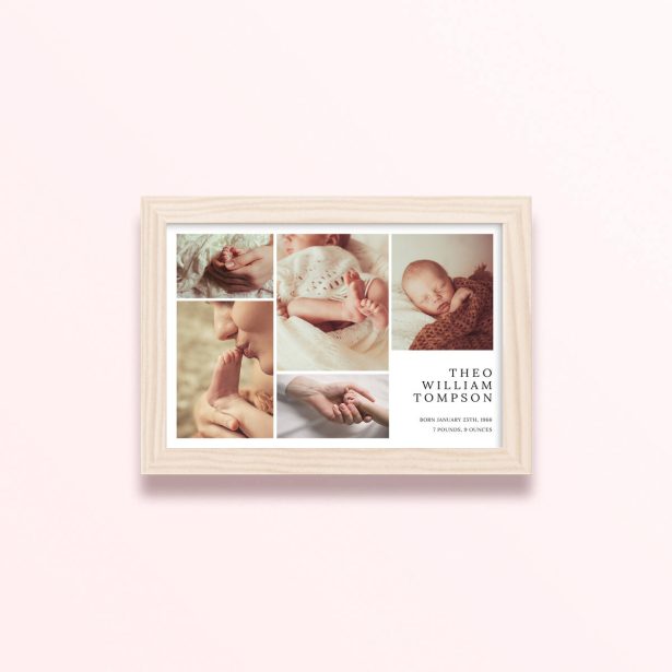 Simple framed prints design featuring five photos and personalised details for a baby announcement.