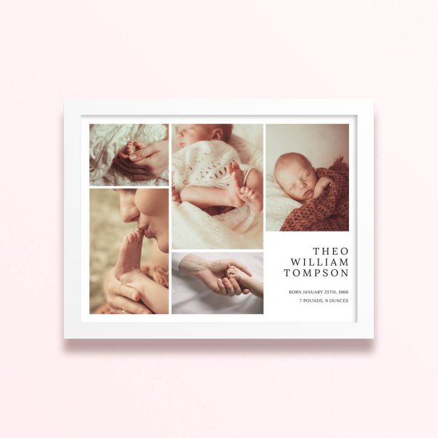 Simple framed prints design featuring five photos and personalised details for a baby announcement.