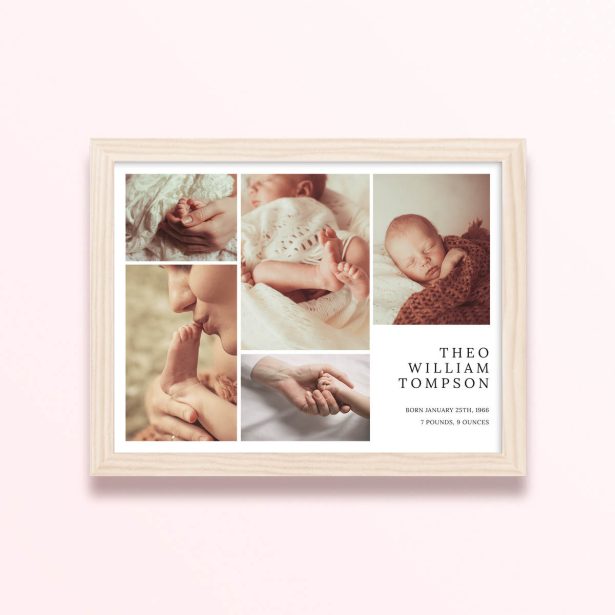 Simple framed prints design featuring five photos and personalised details for a baby announcement.