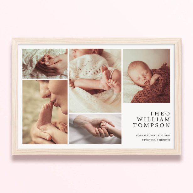 Simple framed prints design featuring five photos and personalised details for a baby announcement.