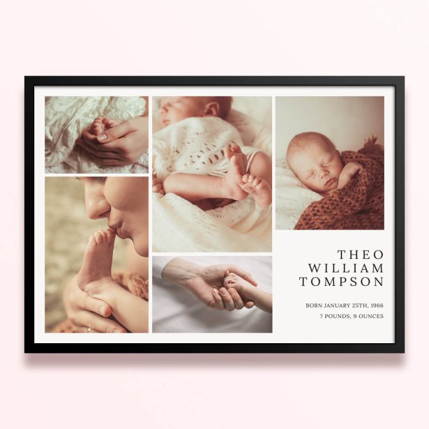 Simple framed prints design featuring five photos and personalised details for a baby announcement.