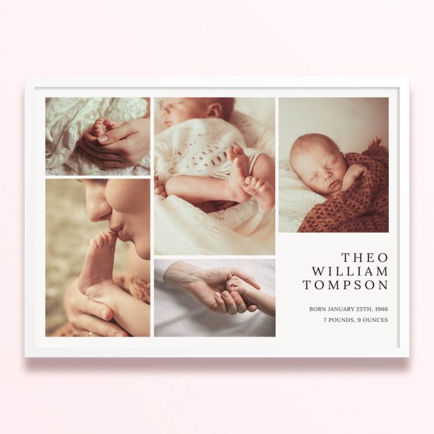 Simple framed prints design featuring five photos and personalised details for a baby announcement.