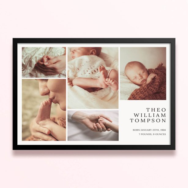 Simple framed prints design featuring five photos and personalised details for a baby announcement.