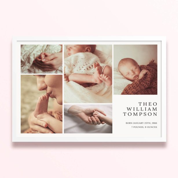 Simple framed prints design featuring five photos and personalised details for a baby announcement.