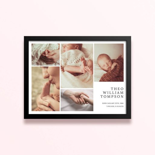 Simple framed prints design featuring five photos and personalised details for a baby announcement.