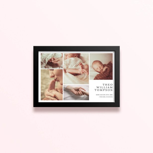 Simple framed prints design featuring five photos and personalised details for a baby announcement.