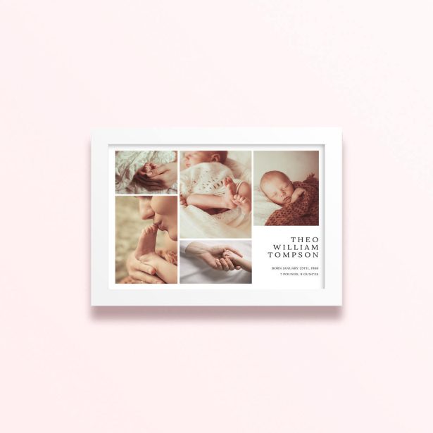 Simple framed prints design featuring five photos and personalised details for a baby announcement.