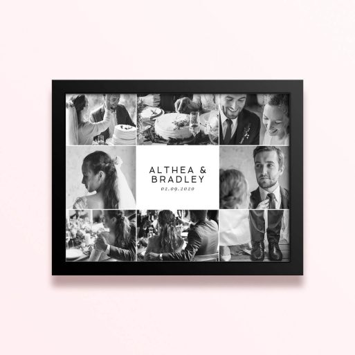 Simple framed prints designs with nine wedding photos in black and white.