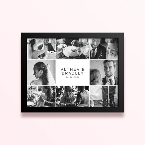 Simple framed prints designs with nine wedding photos in black and white.