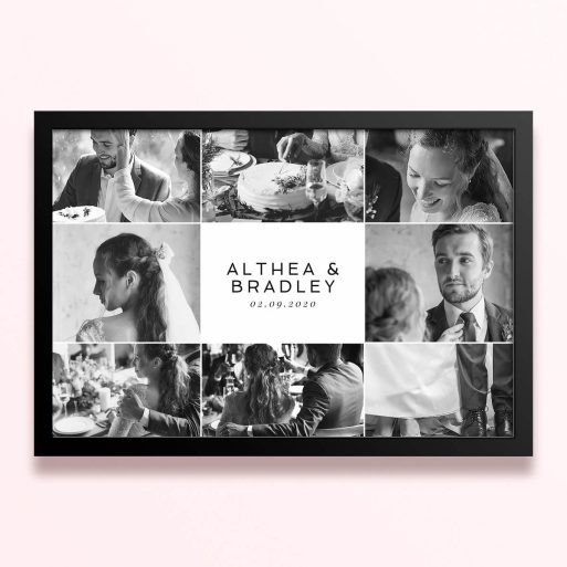 Simple framed prints designs with nine wedding photos in black and white.
