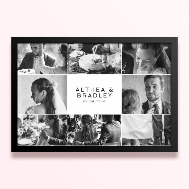 Simple framed prints designs with nine wedding photos in black and white.