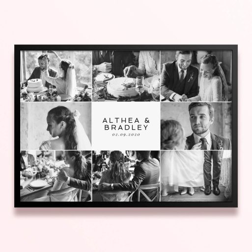 Simple framed prints designs with nine wedding photos in black and white.