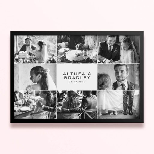 Simple framed prints designs with nine wedding photos in black and white.