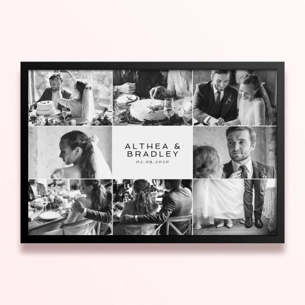 Simple framed prints designs with nine wedding photos in black and white.