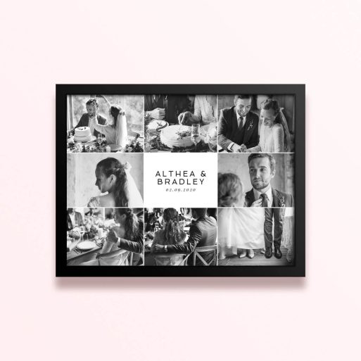 Simple framed prints designs with nine wedding photos in black and white.