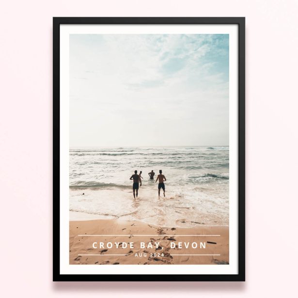 Simple framed prints designs featuring a single photo of people at the beach.