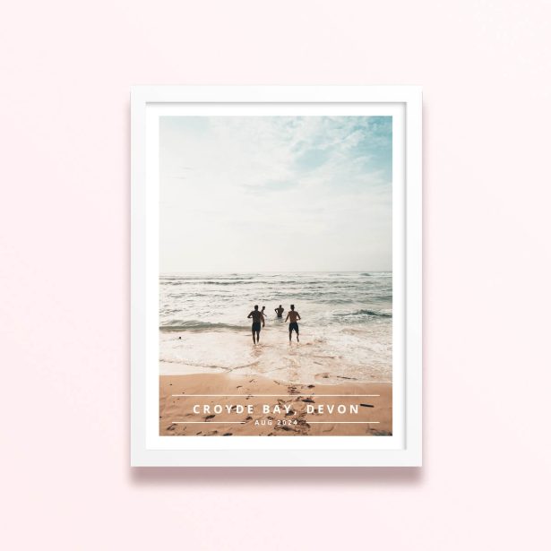 Simple framed prints designs featuring a single photo of people at the beach.