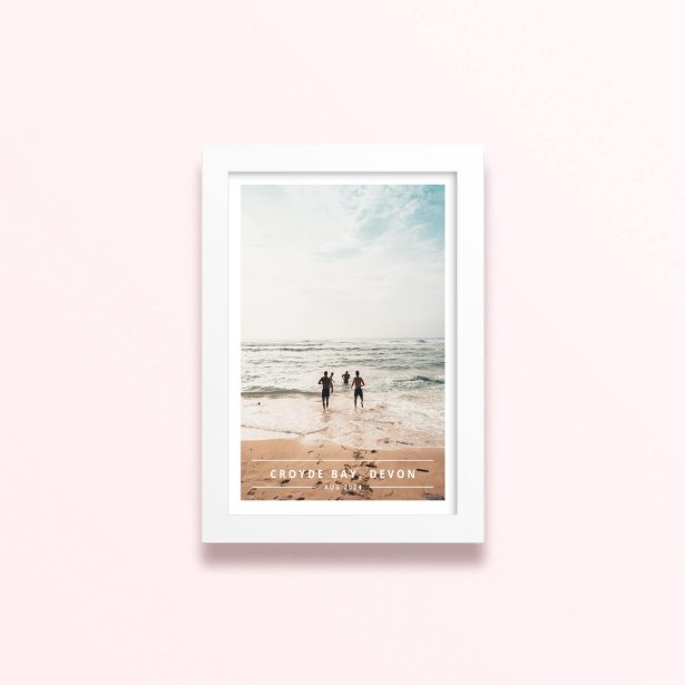 Simple framed prints designs featuring a single photo of people at the beach.