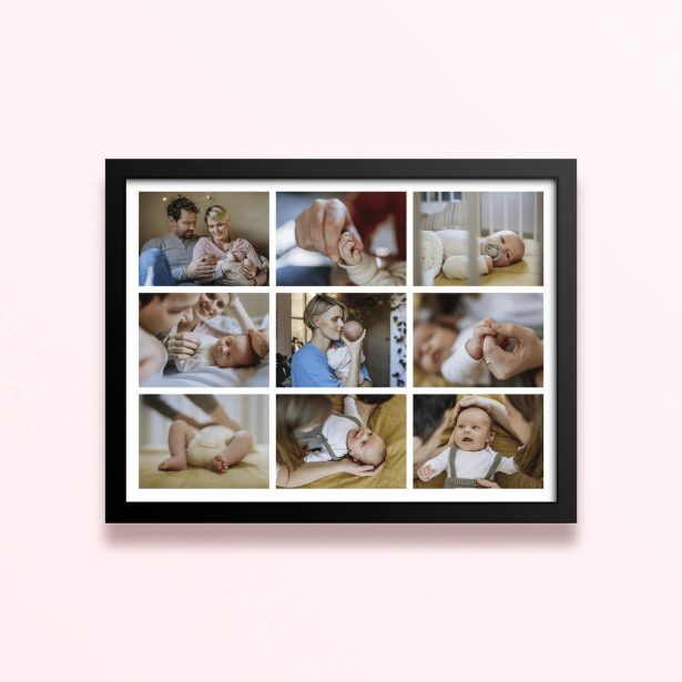 Simple framed print designs featuring nine photos of a baby.