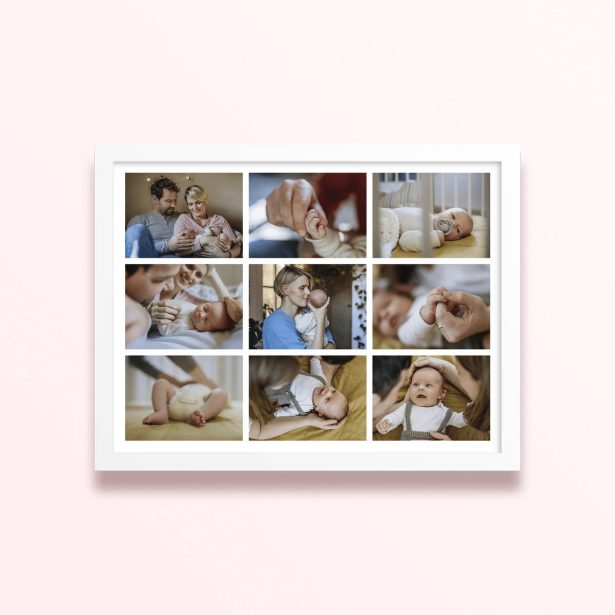 Simple framed print designs featuring nine photos of a baby.