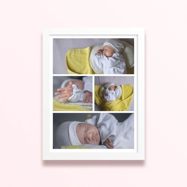 Simple framed prints designs with four photos of a baby.