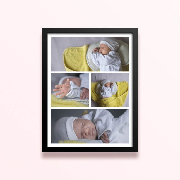 Simple framed prints designs with four photos of a baby.