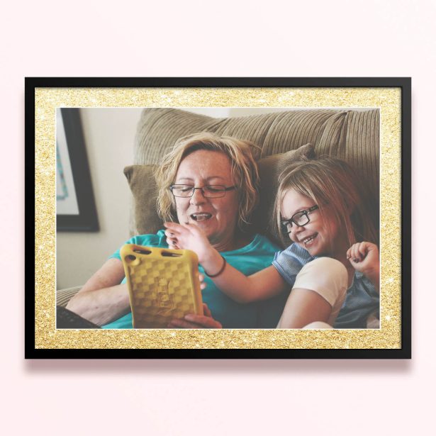 Simple framed prints designs with one photo in a gold glitter border.