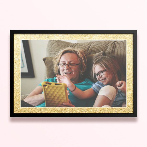 Simple framed prints designs with one photo in a gold glitter border.